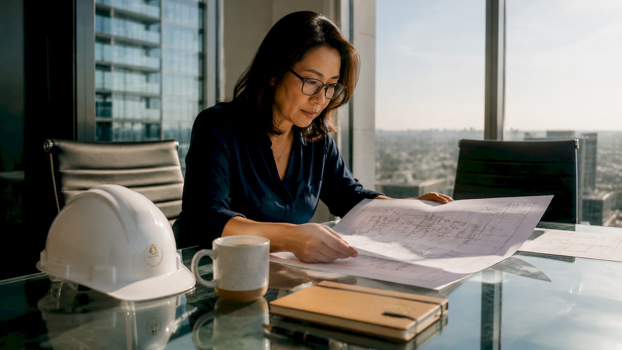 Woman reviewing construction plans in office
