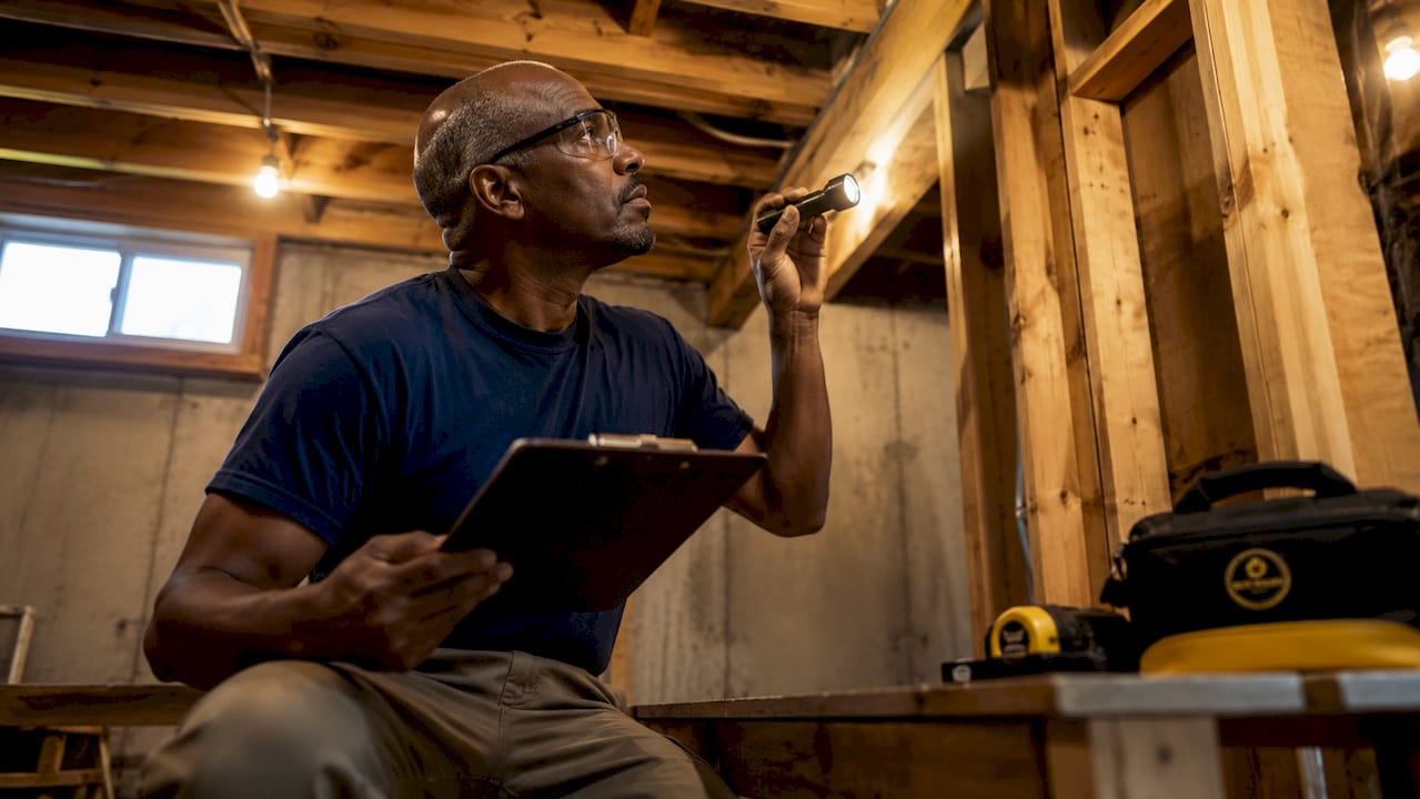 Inspector examining wooden framing beams in attic
