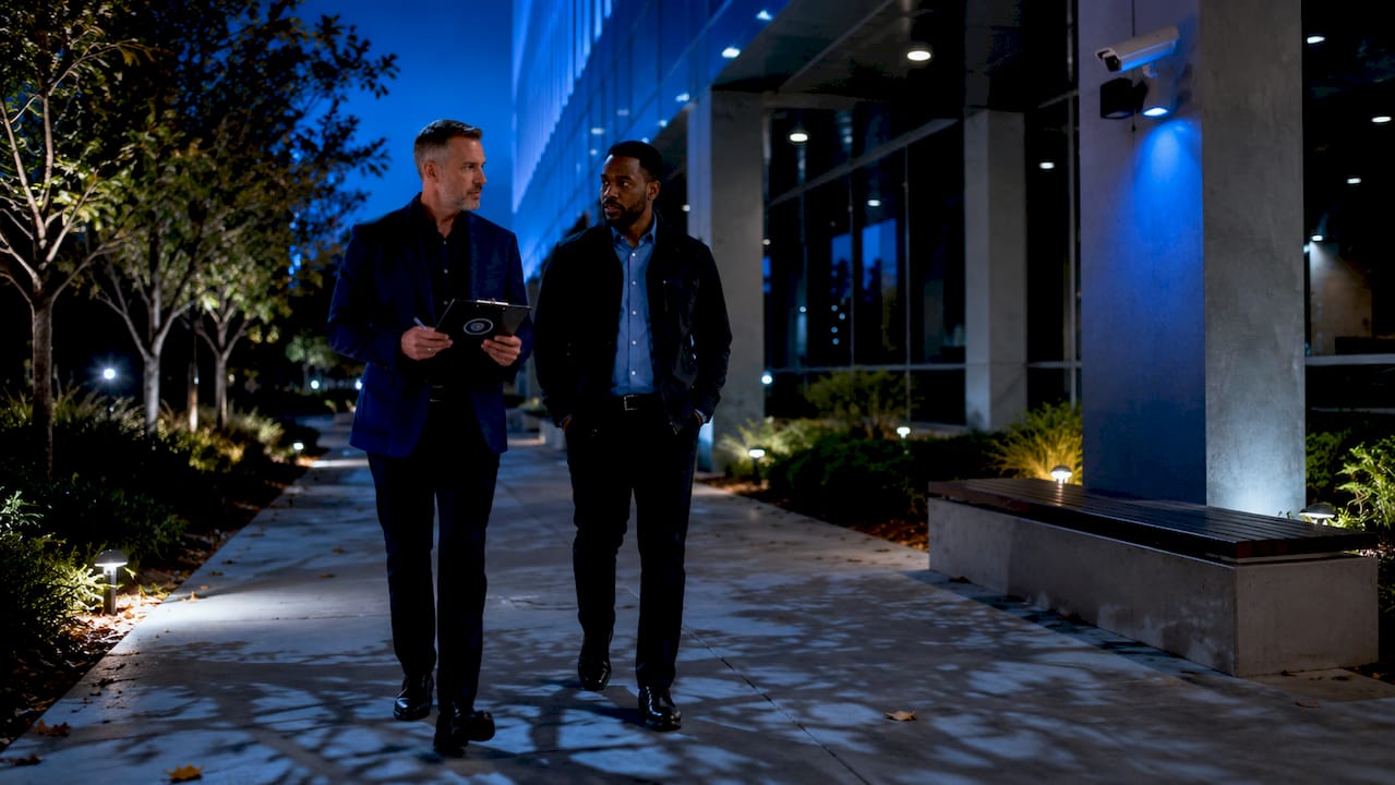 Security auditor and facility manager inspecting property outdoors