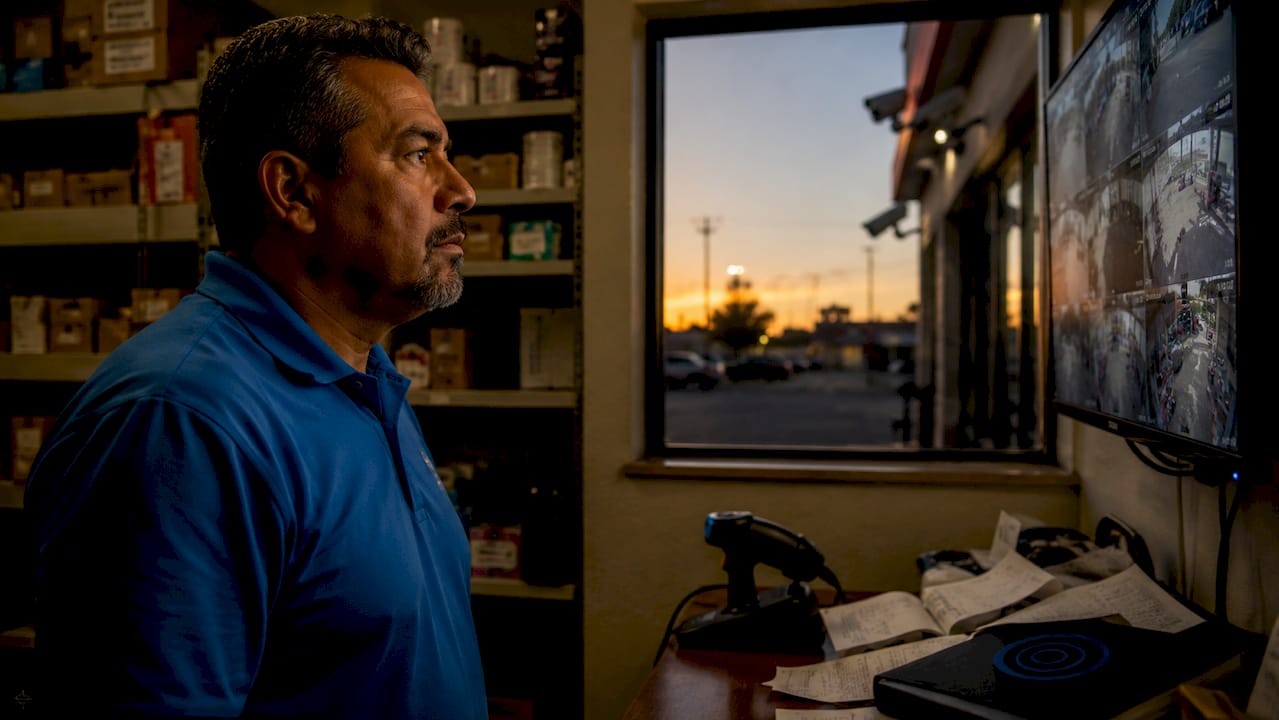 Business owner monitoring security cameras