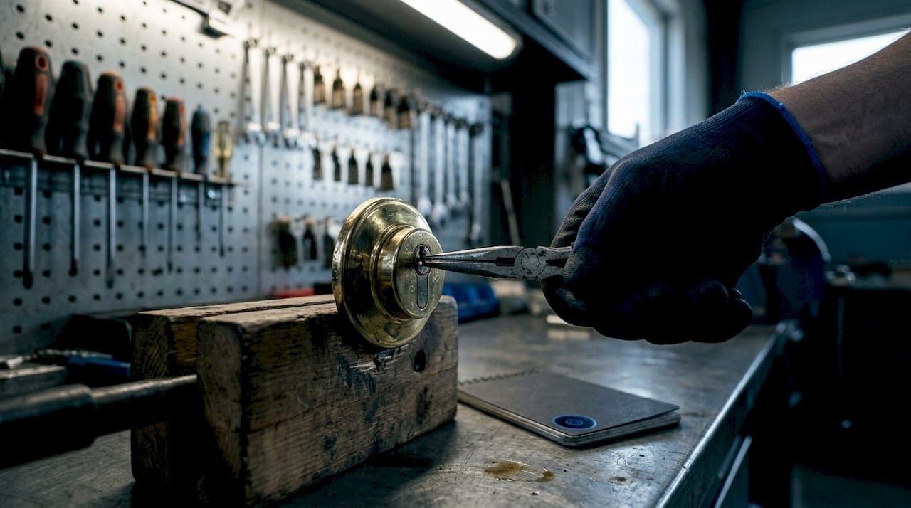 Close-up of tools extracting broken key fragment