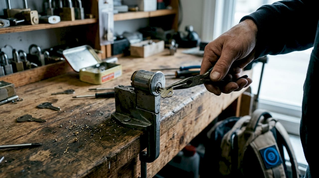 Hands removing broken key from lock with pliers
