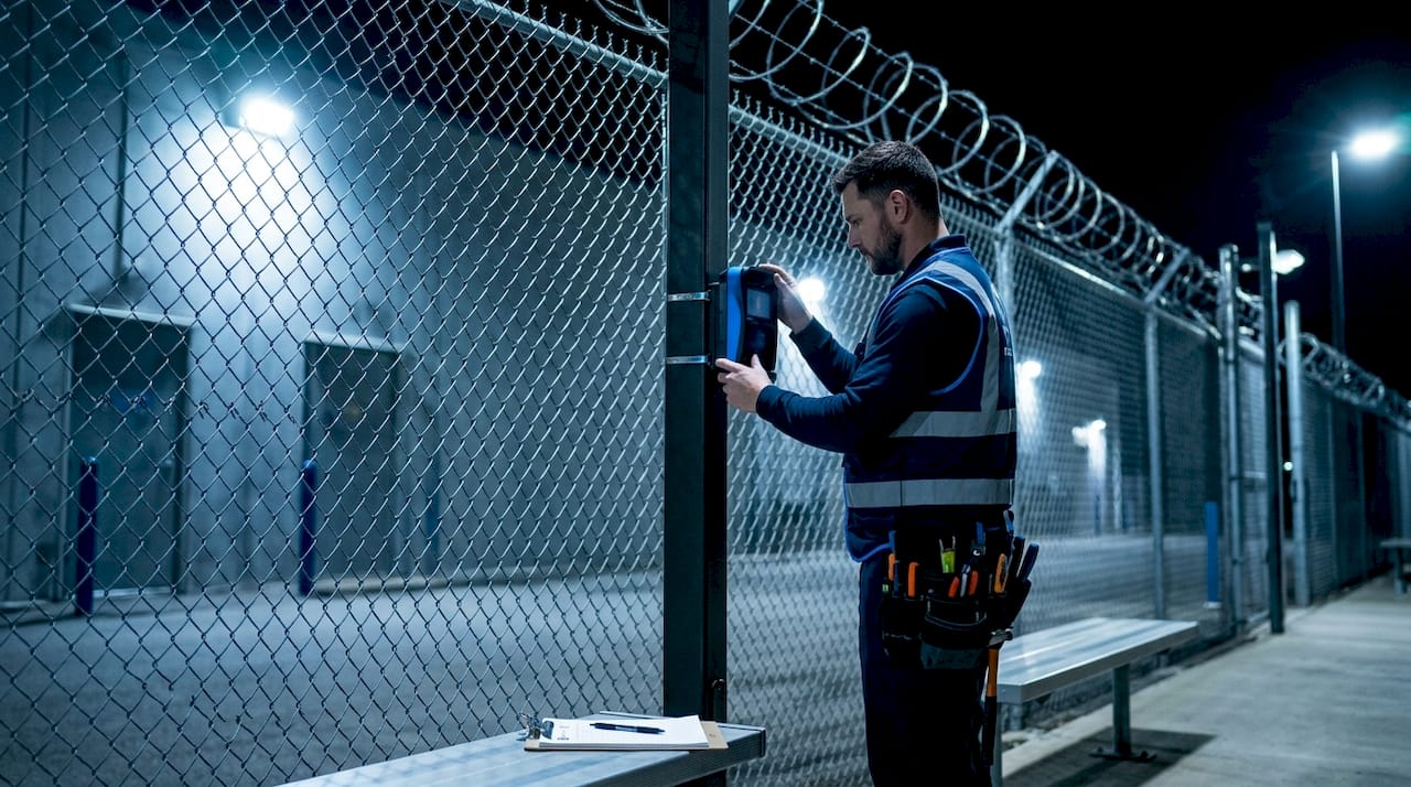 Security worker checking fence sensor outdoors at dusk
