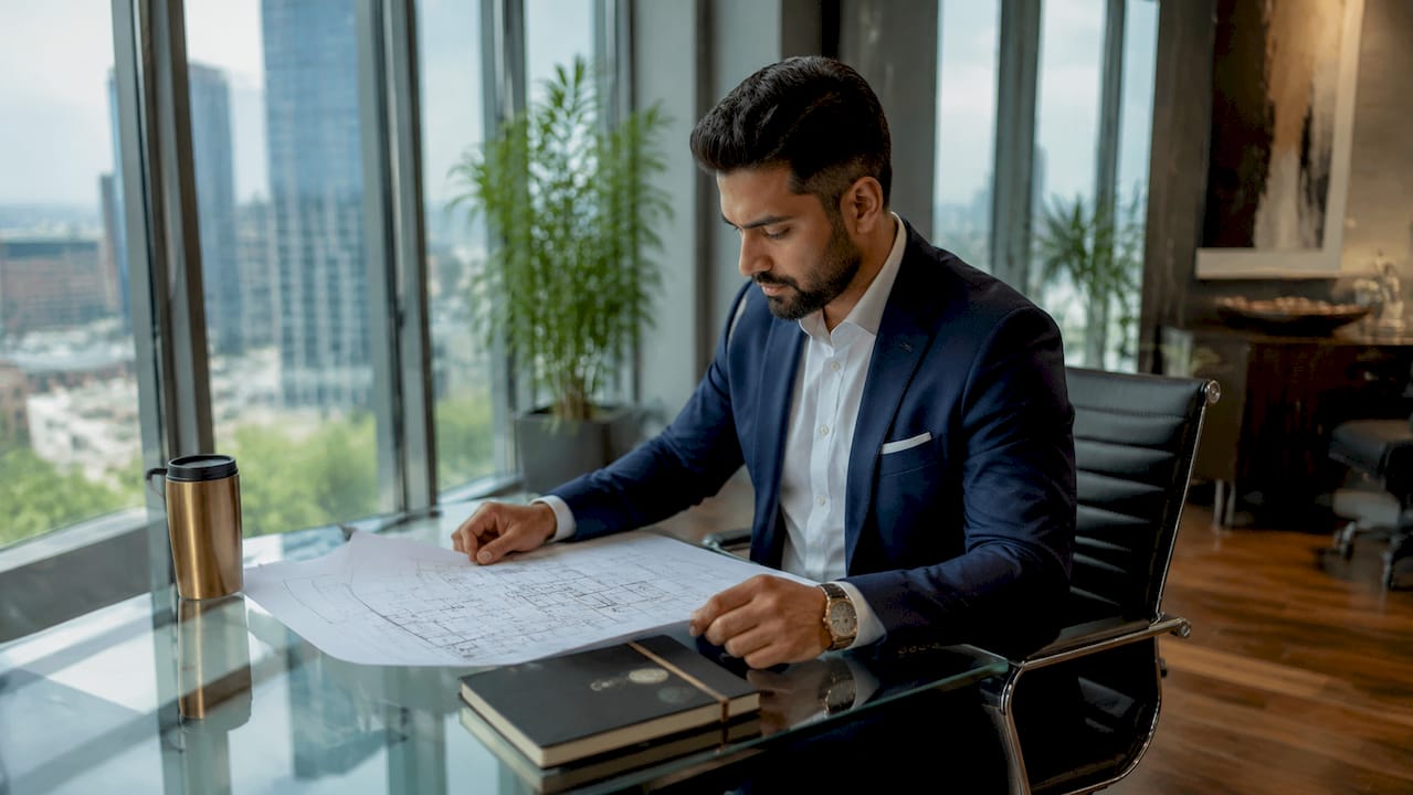 Facilities manager reviews renovation plans indoors