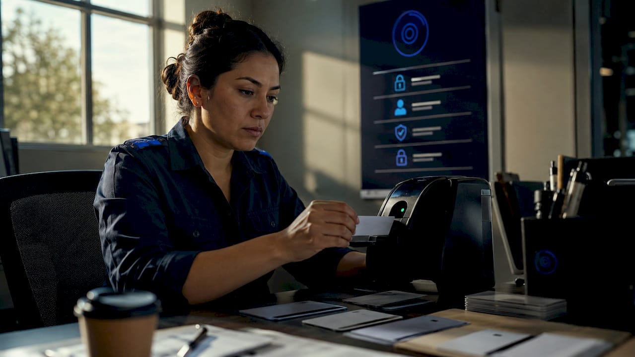 Technician reviewing access control credentials