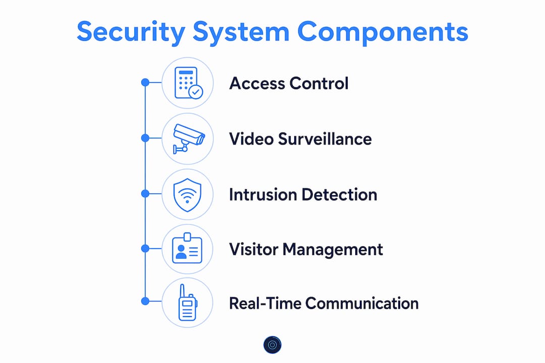 Infographic showing key commercial security system components in vertical flow