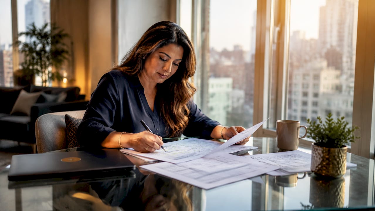 Woman reviewing renovation schedule documents