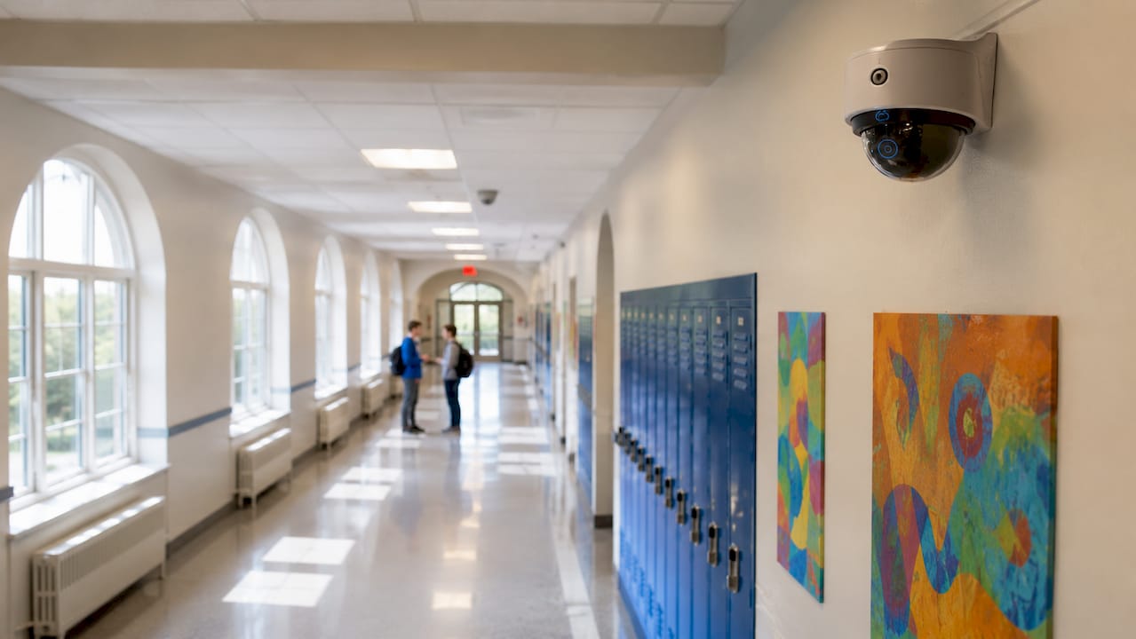 School hallway with visible CCTV camera