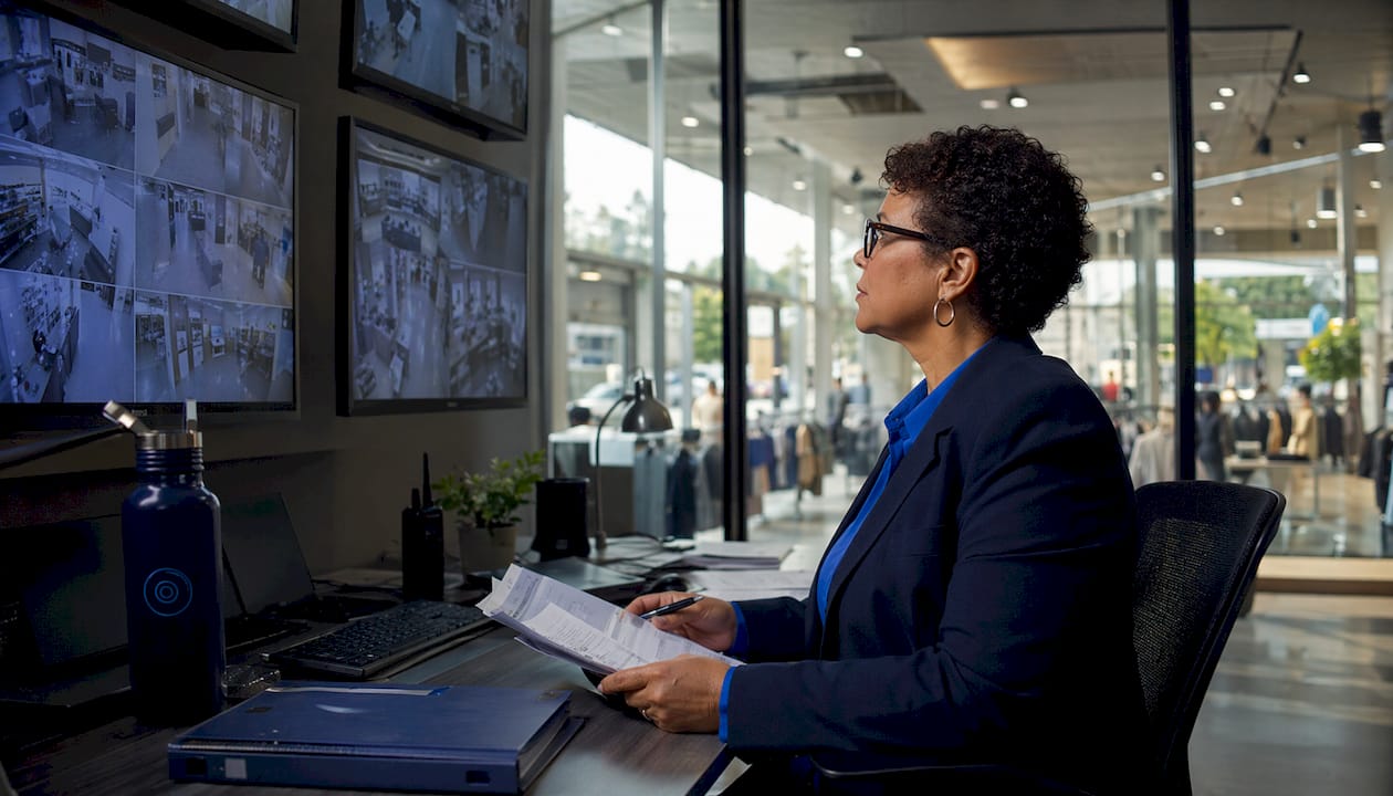 Security manager monitoring retail cameras