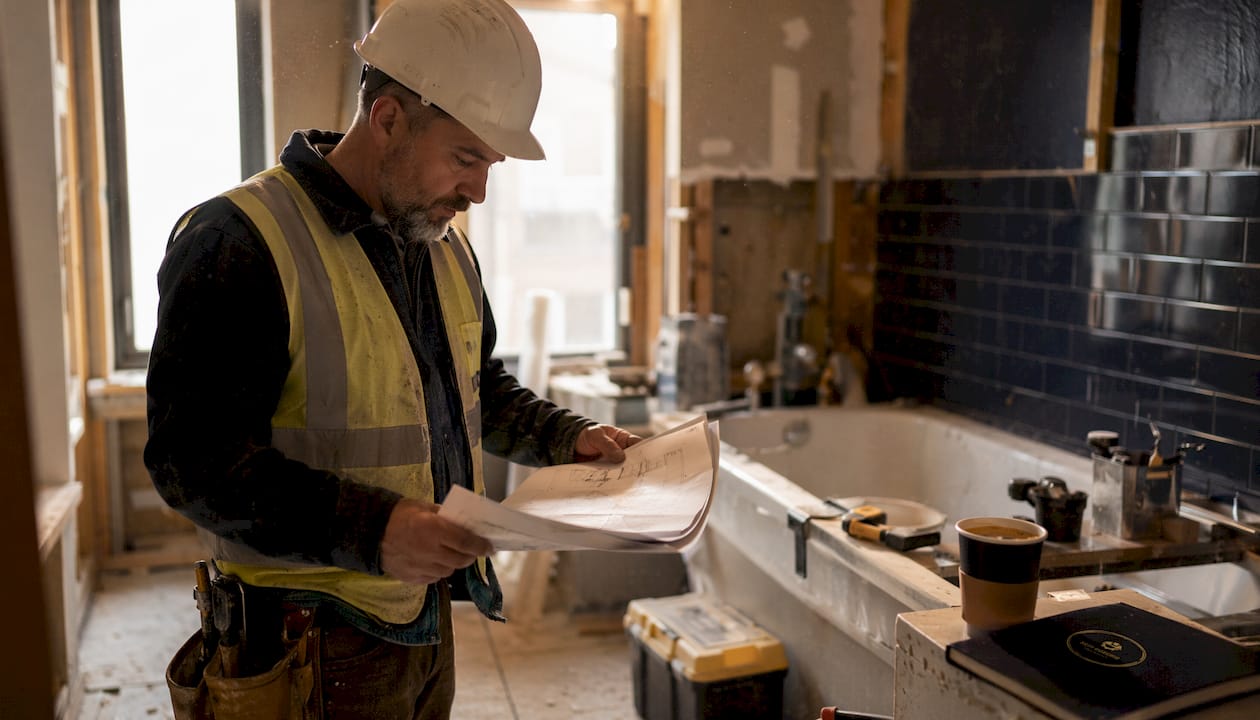 Contractor reviewing blueprints in kitchen remodel