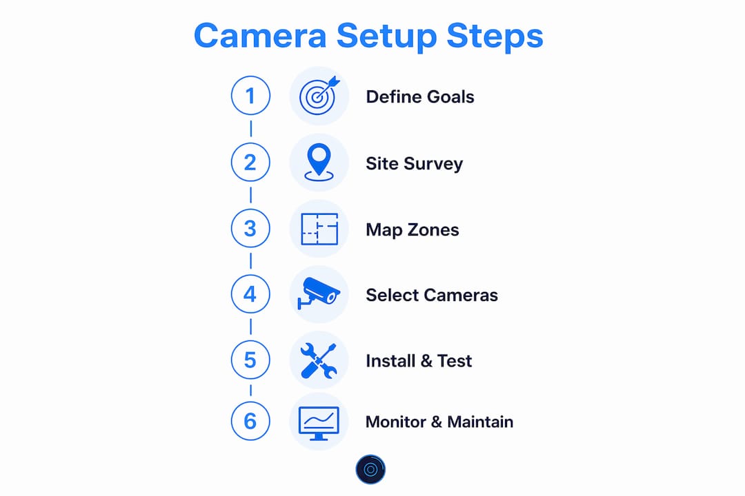 Infographic showing step-by-step camera setup process