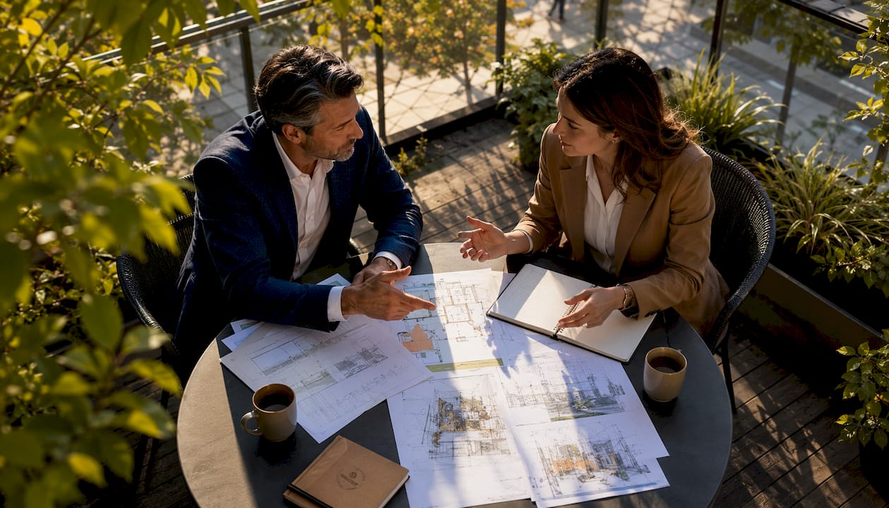 Property manager and architect reviewing budgets