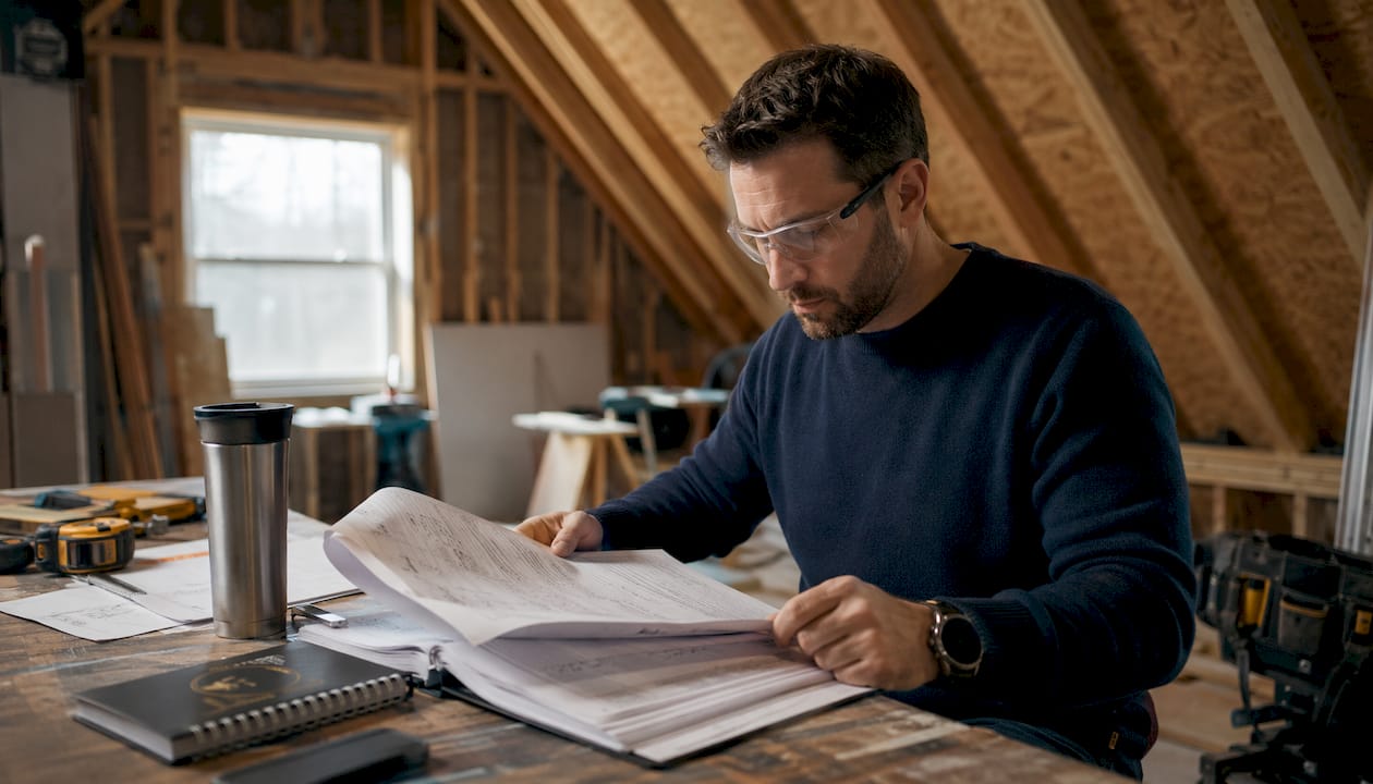 Contractor reviewing building code documents
