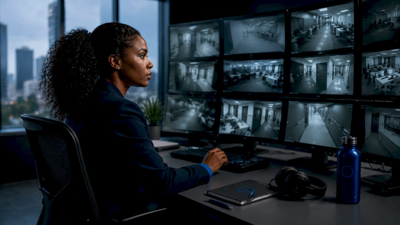 Security professional viewing office CCTV monitors