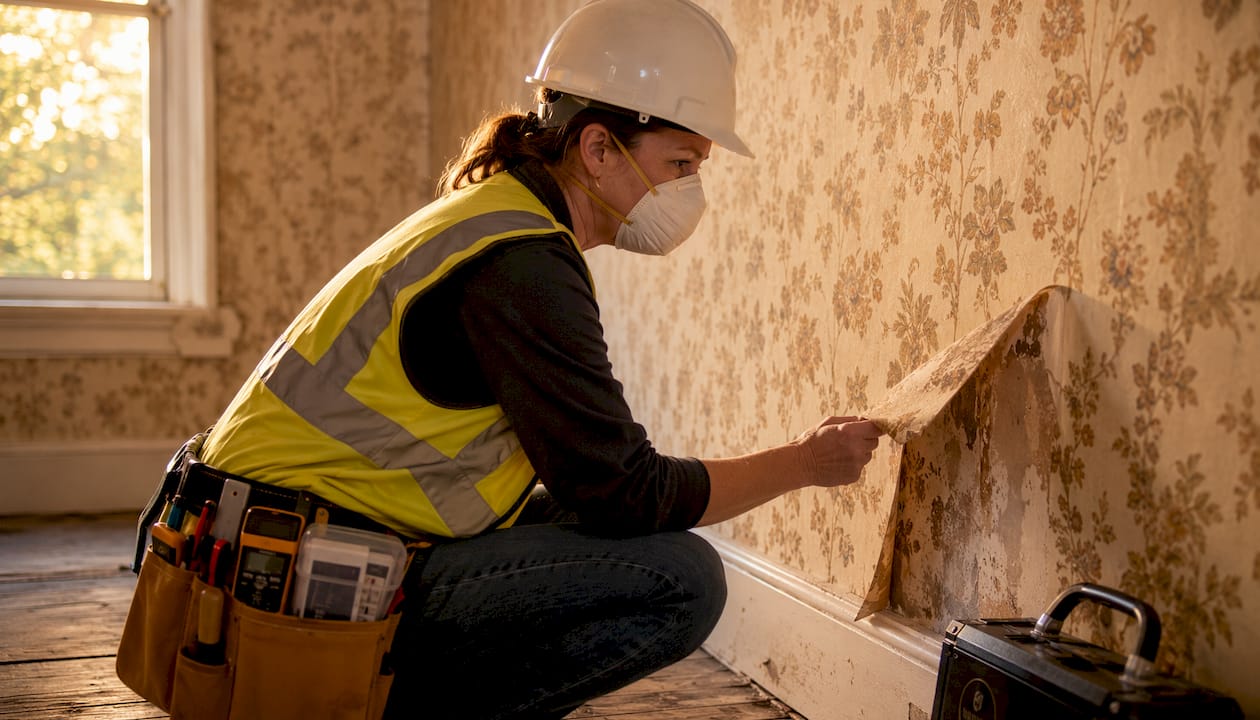 Home inspector checking floor tiles for hazards