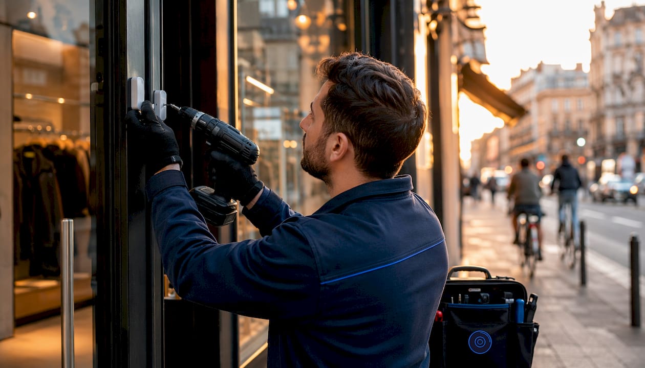 Technician installing an alarm sensor on door