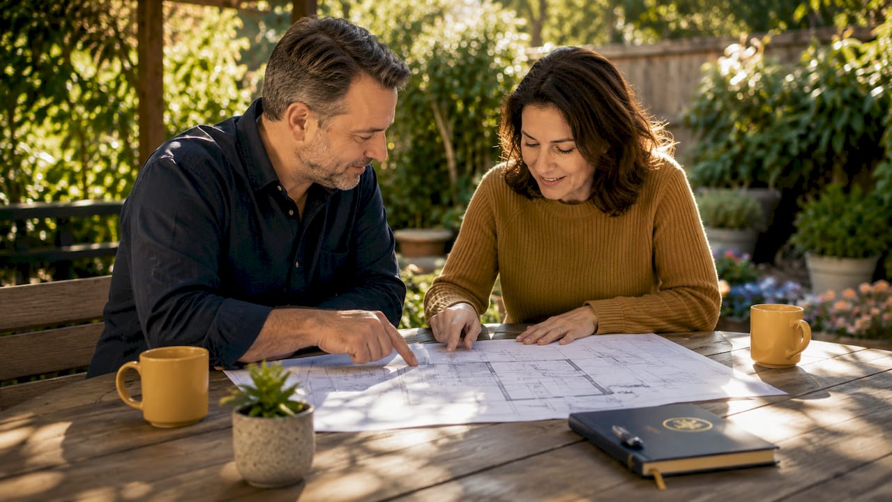 Couple reviewing home renovation blueprints