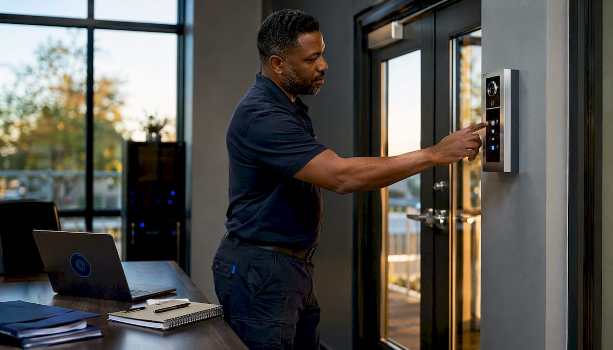 Technician adjusting modern video intercom panel