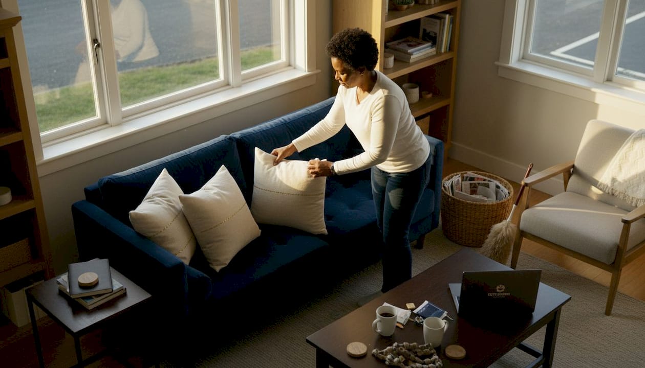 Woman decluttering and cleaning living room