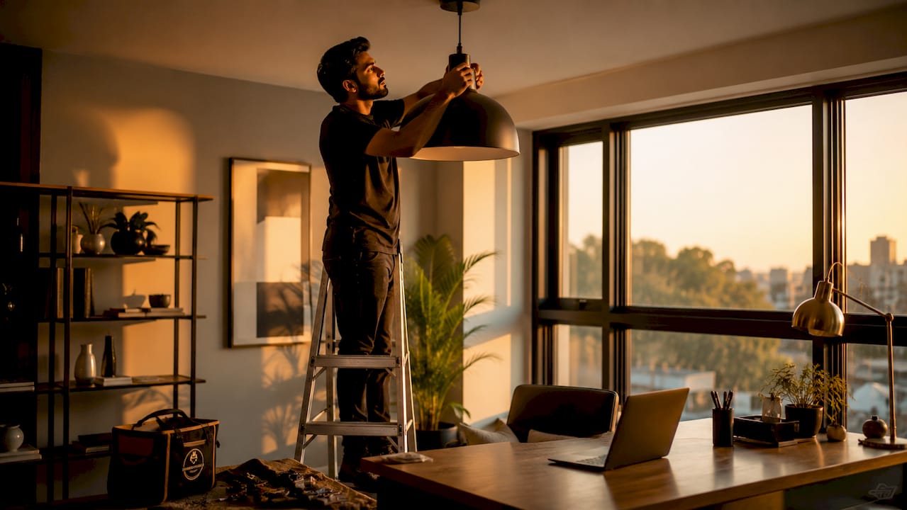 Man updating lighting fixture in living room