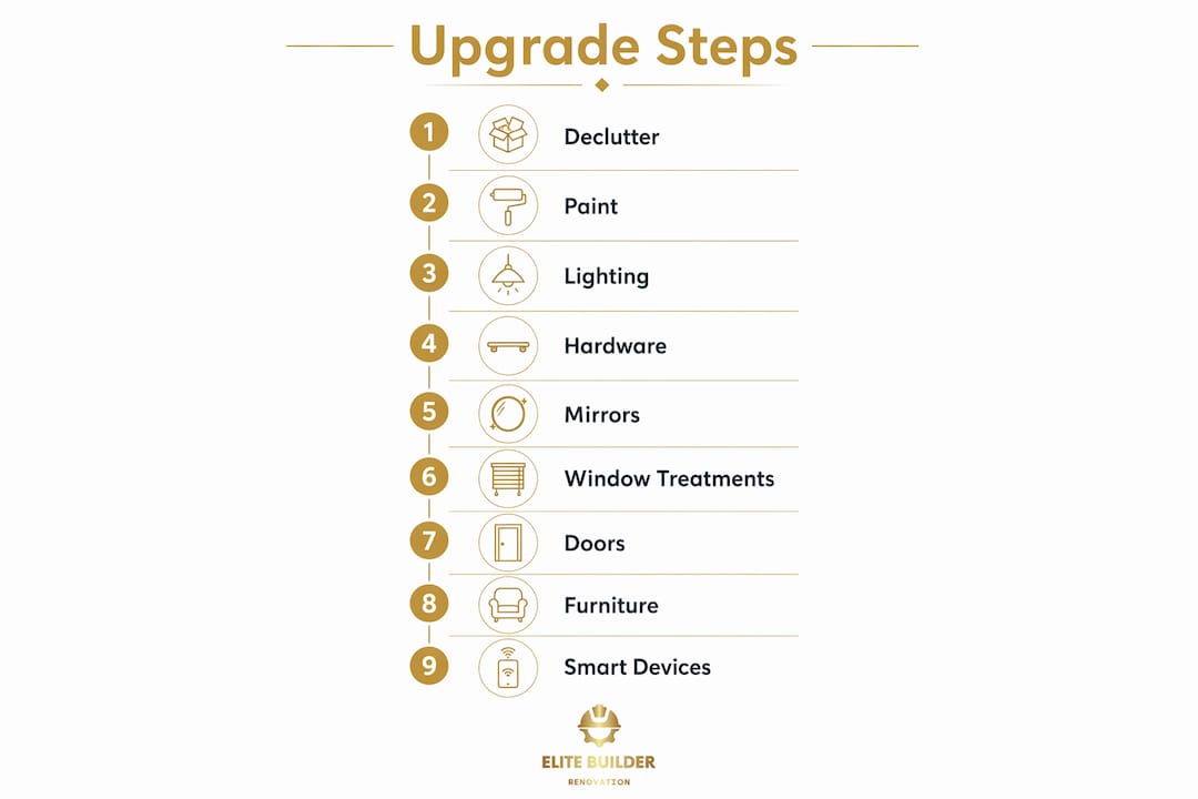 Infographic showing step-by-step upgrades for living spaces