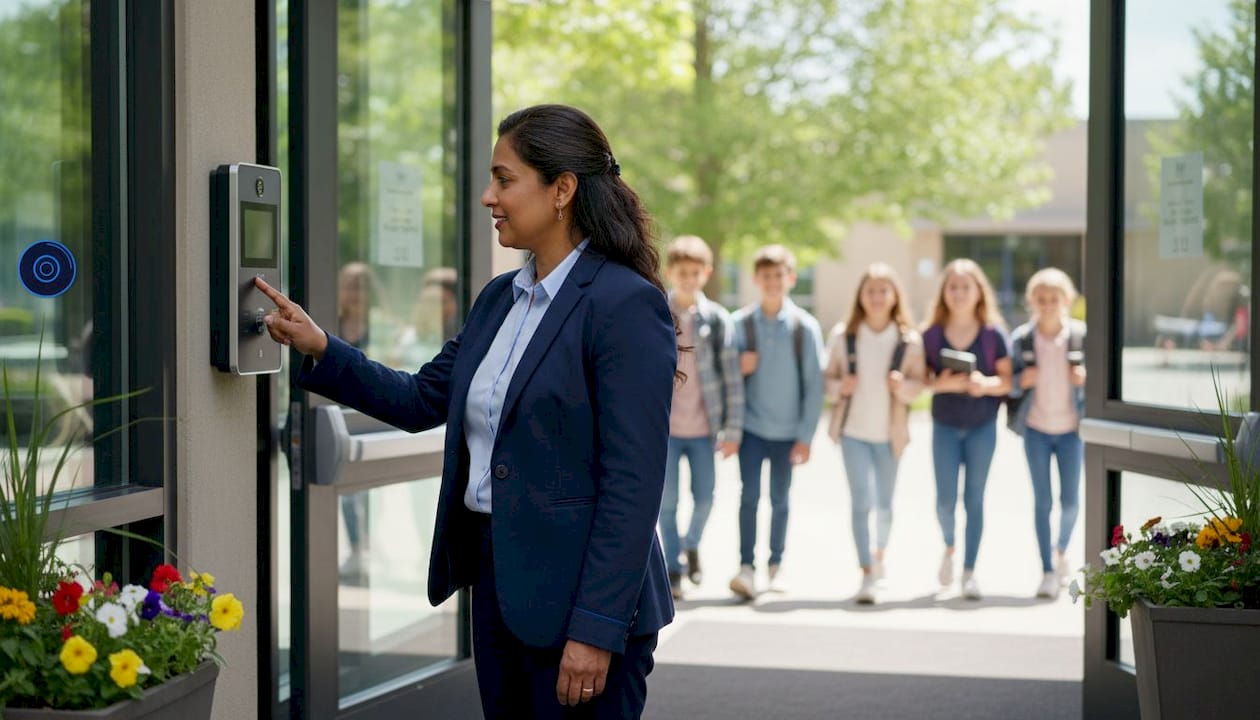 Administrator using video intercom at school entrance