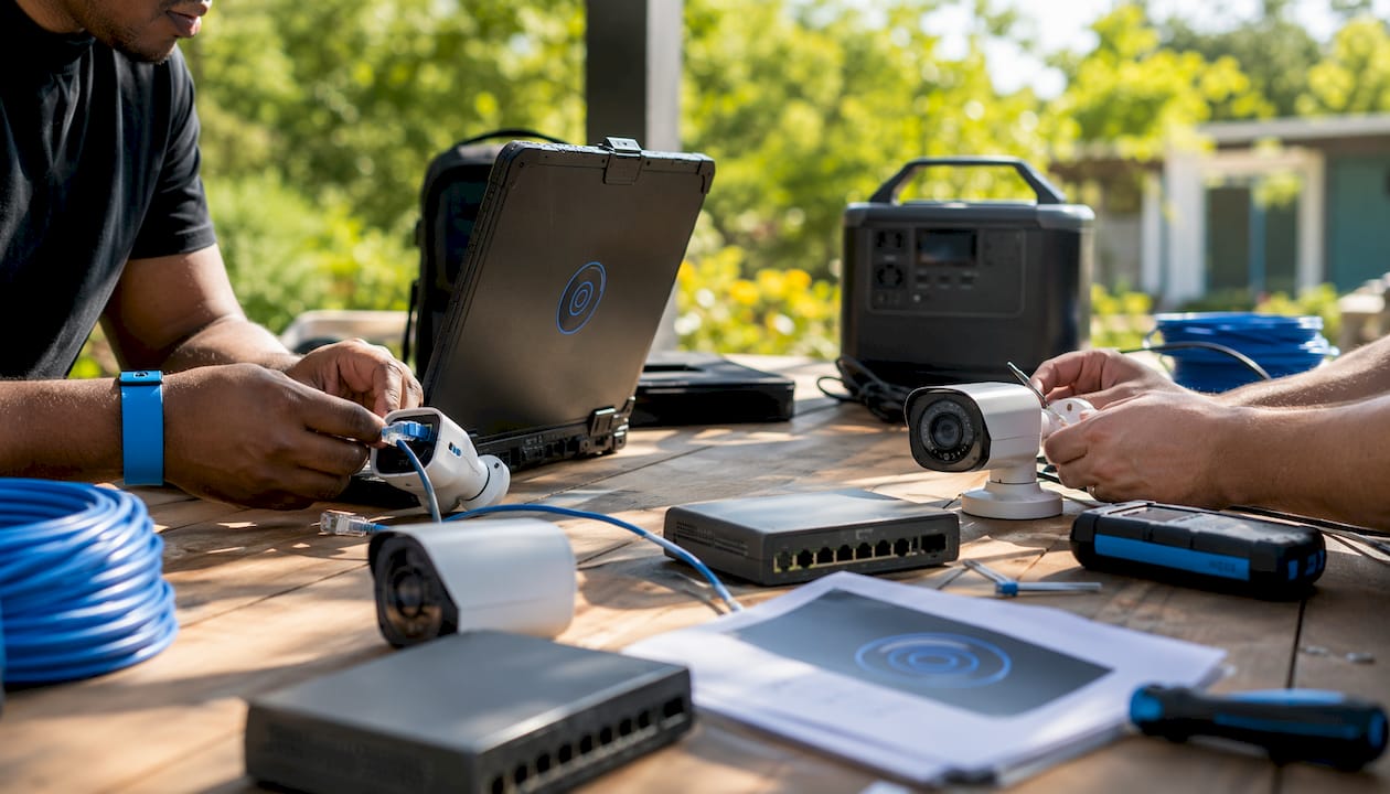 Hands configuring IP camera network devices