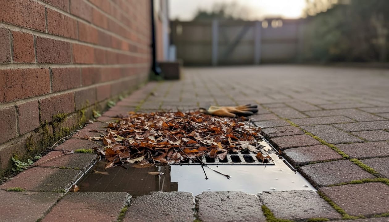Stagnant water pooling in blocked outside drain