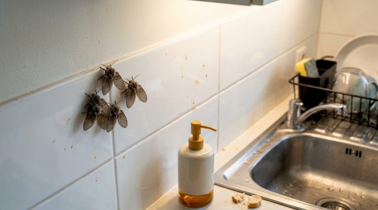 Cluster of drain flies near bathroom drain pipe