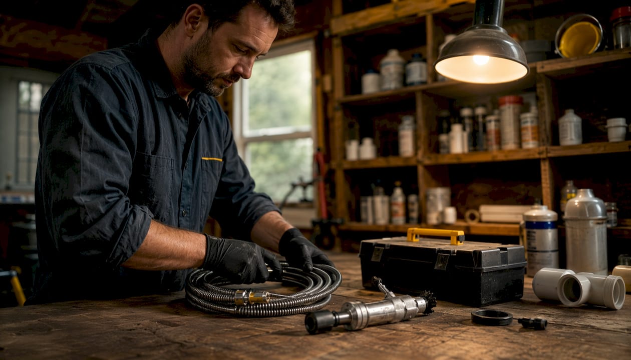 Hands arranging plumbing tools in workshop