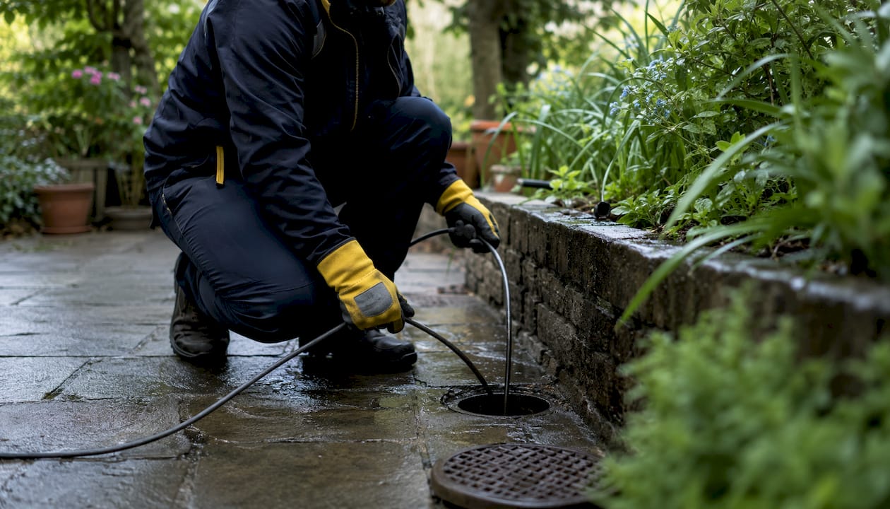 Hands gently rotating stuck drain rods indoors