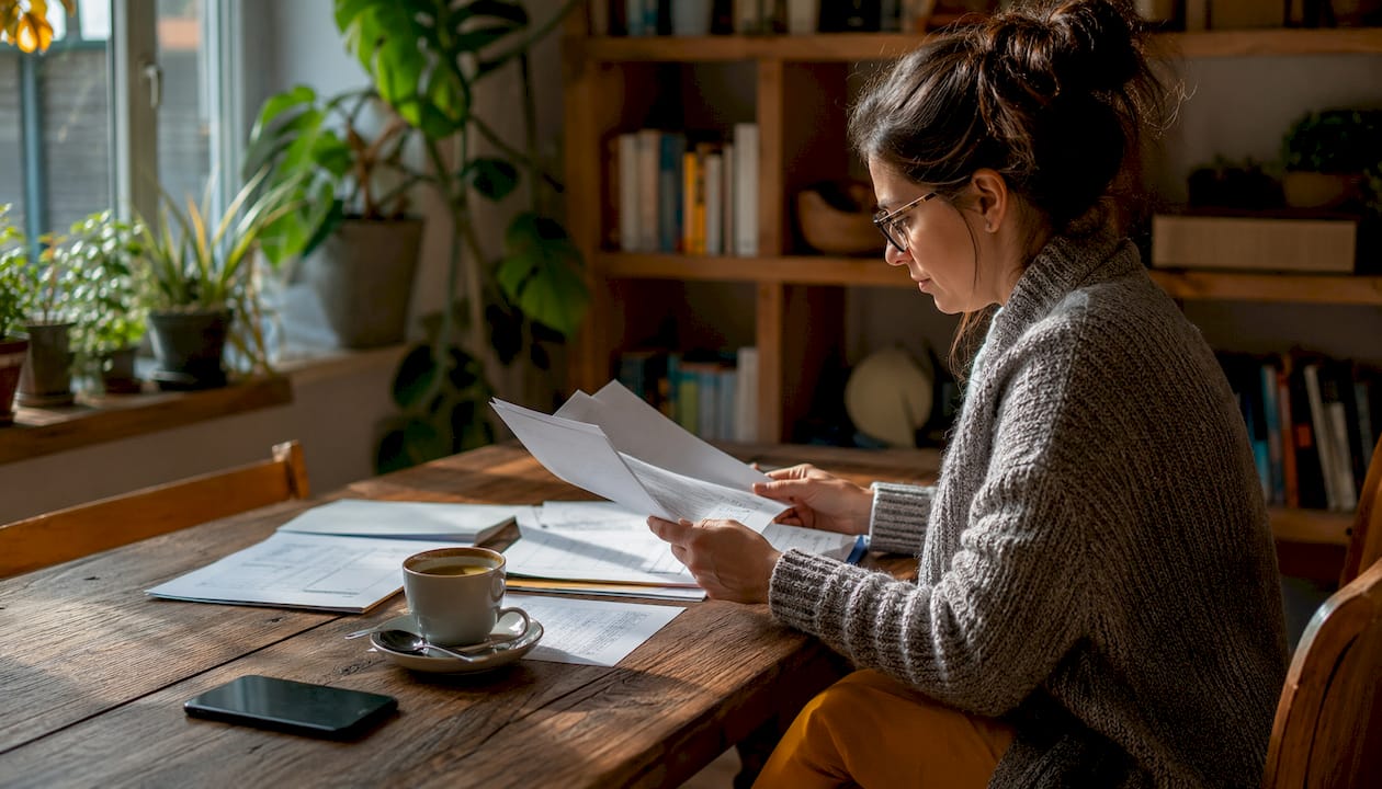 Woman comparing drain jetting service quotes at home