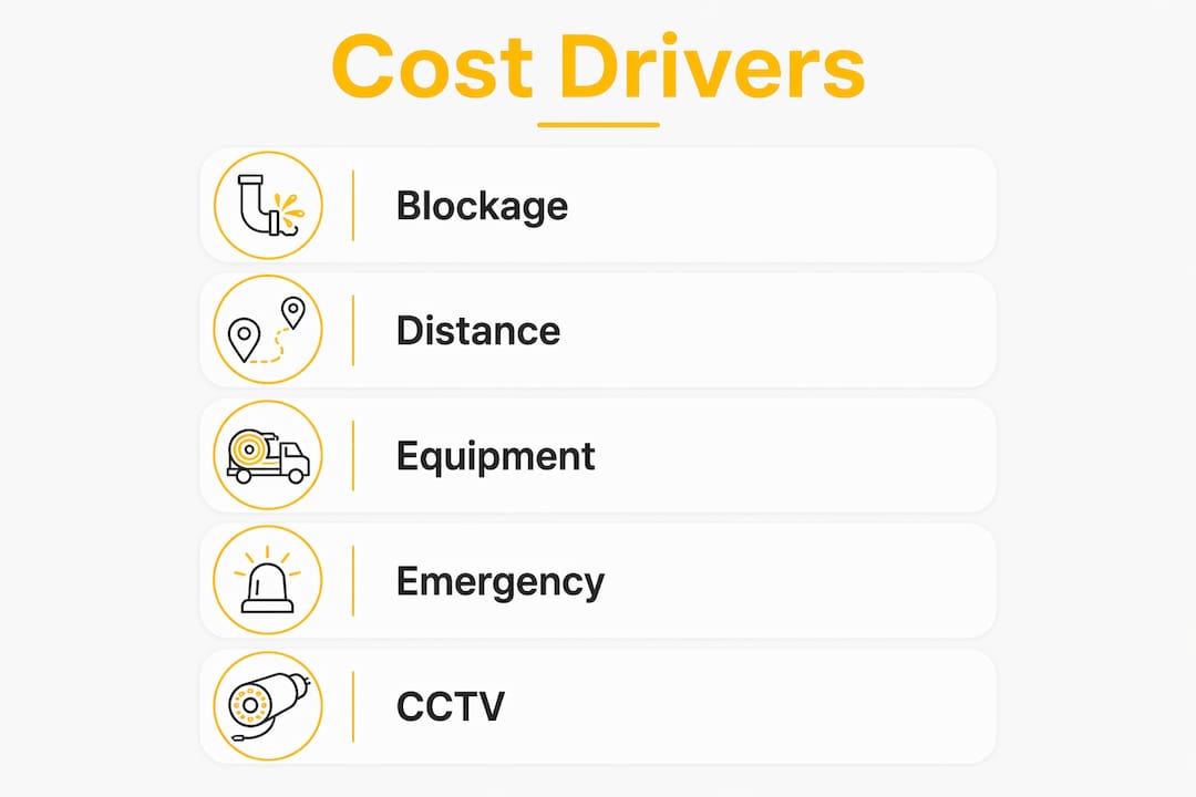 Infographic displaying key cost drivers for drain jetting