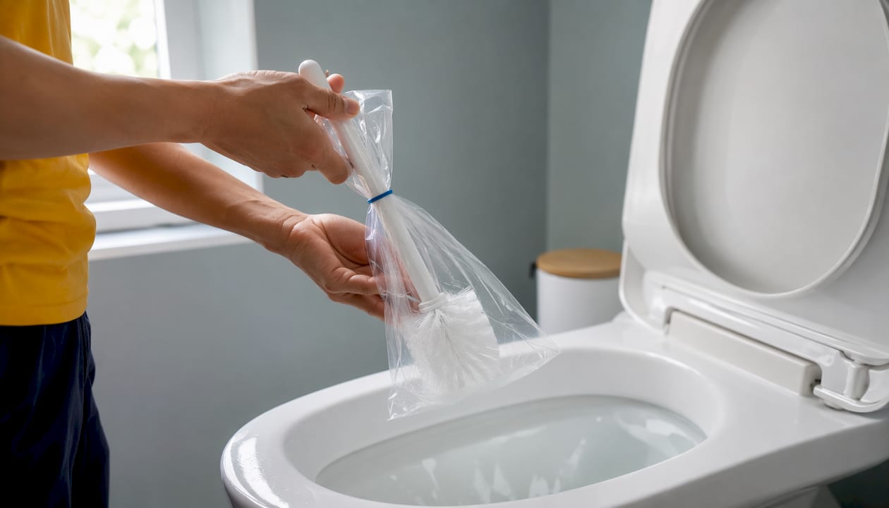 Hands using plastic-wrapped toilet brush in toilet