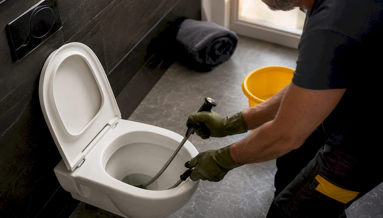 Hand using manual toilet auger in toilet bowl