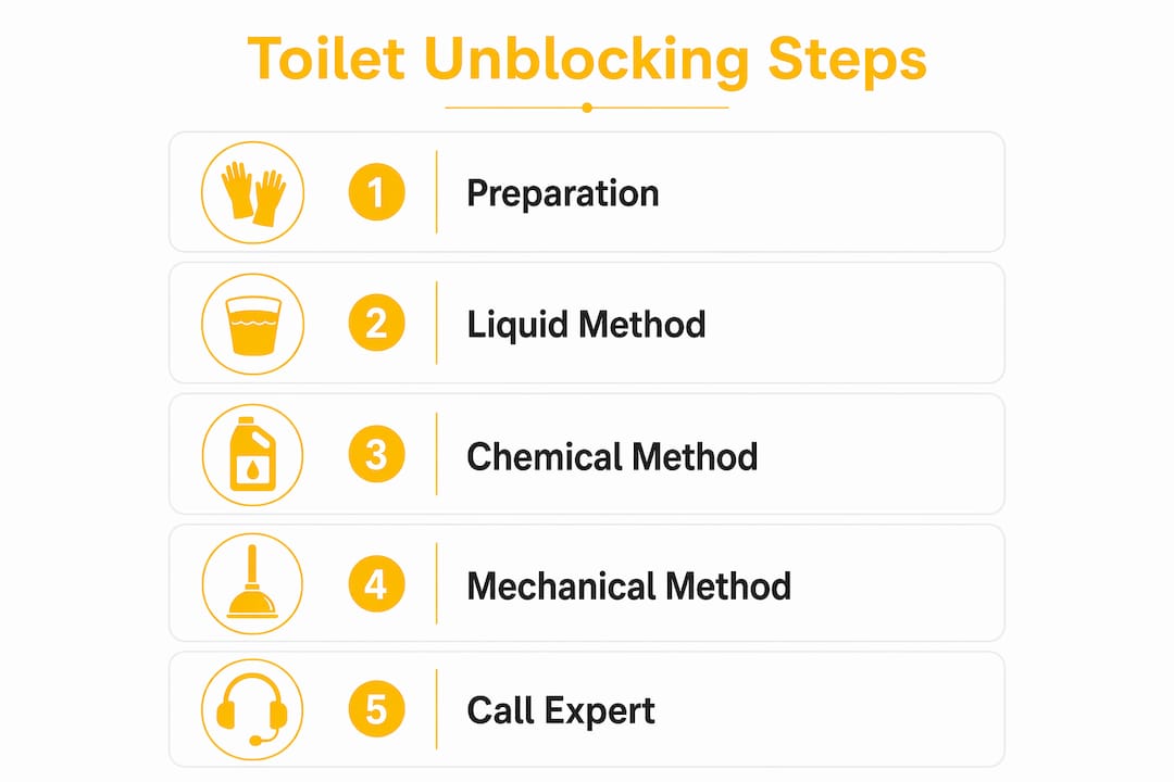 Infographic showing steps to unblock a toilet