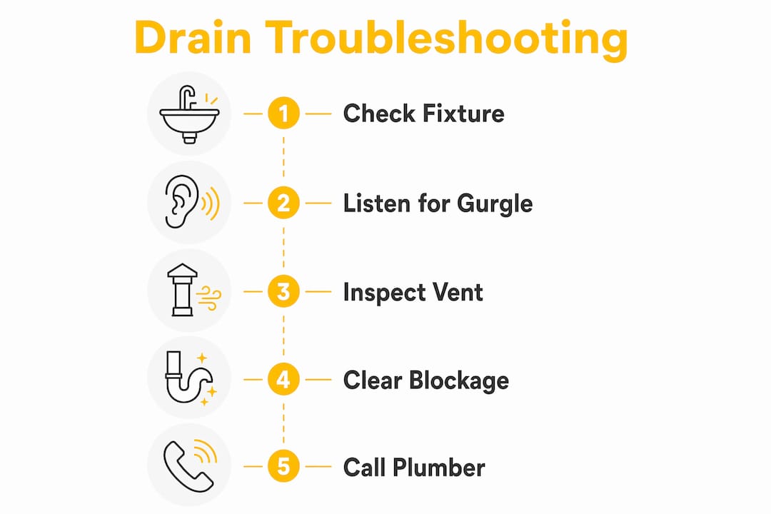 Infographic showing steps to troubleshoot gurgling drains