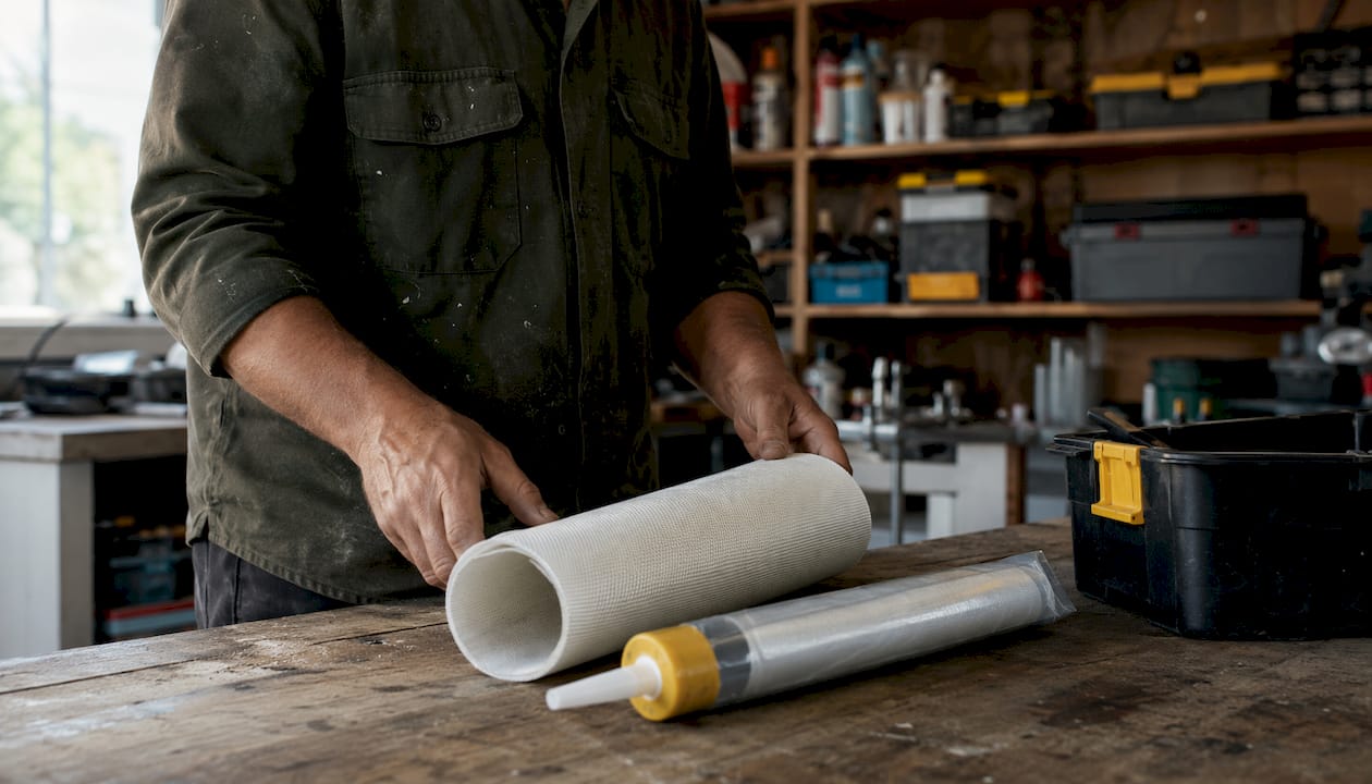 Tradesperson showing drain liner materials