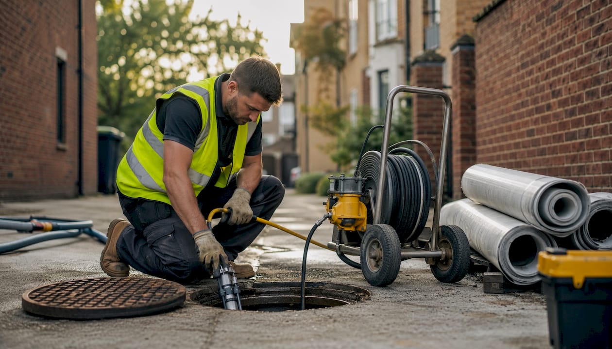 Engineer preparing drain relining outdoors