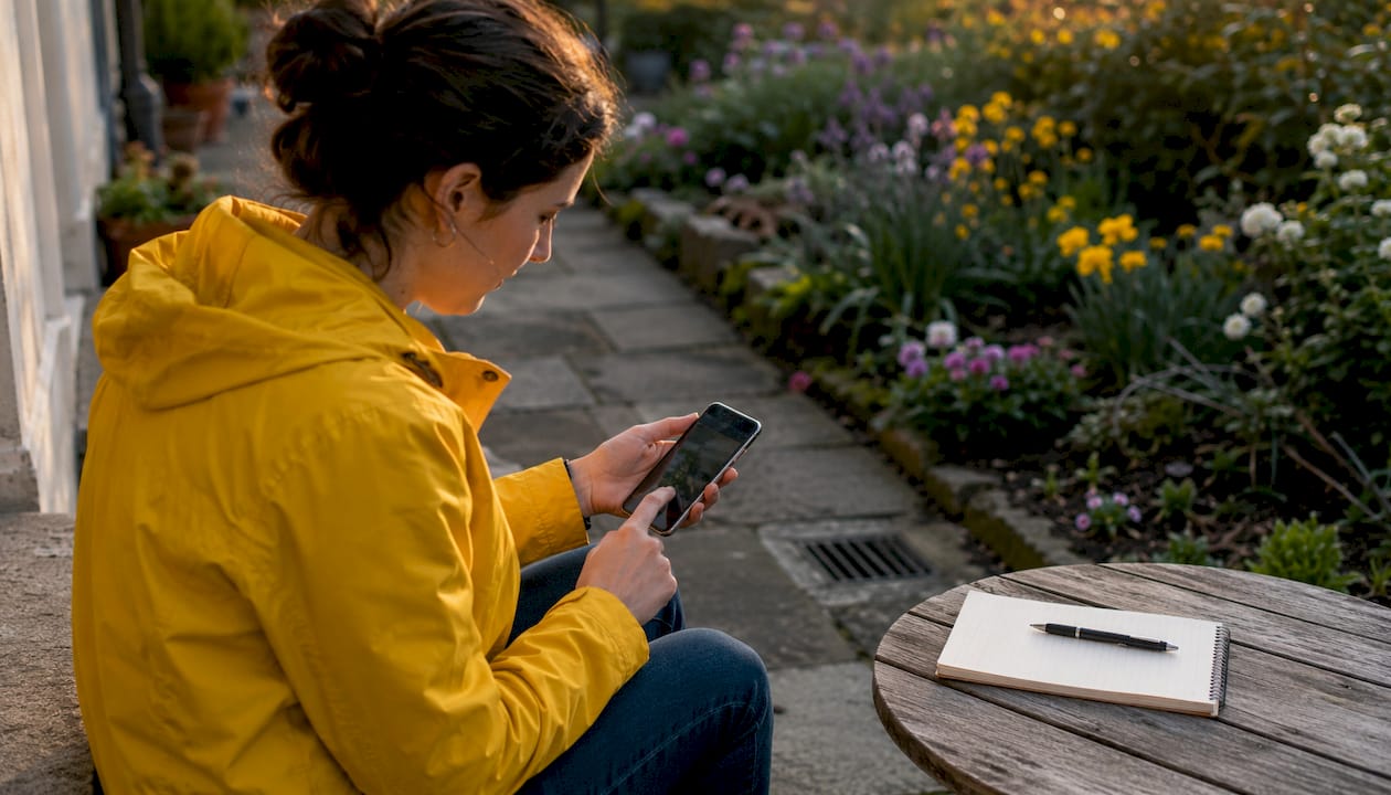 Hands using smartphone to report blocked drain