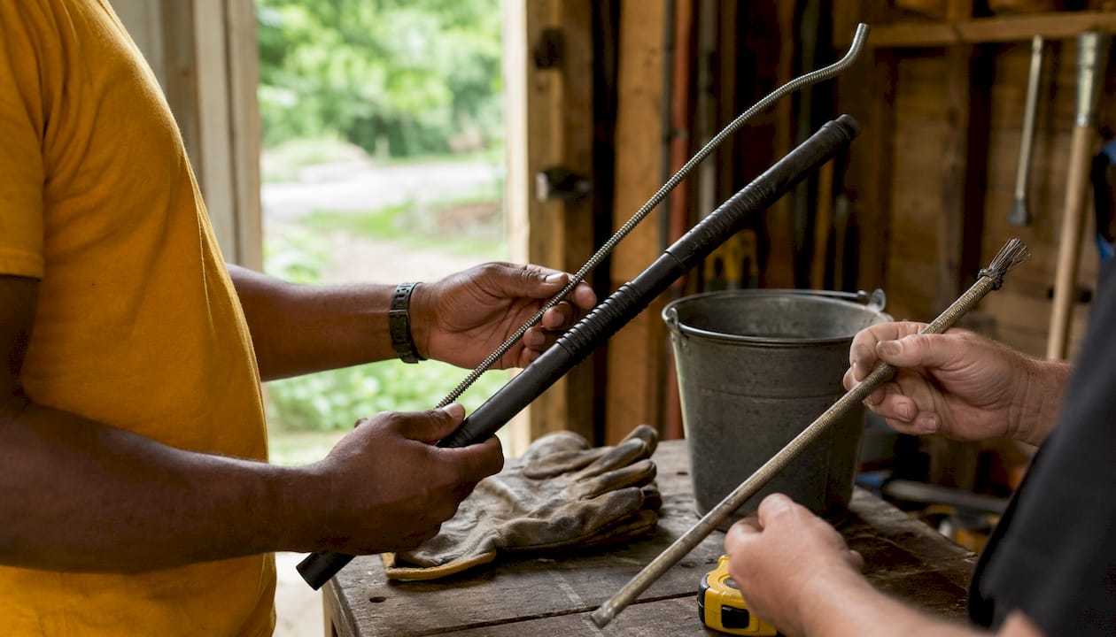 Hands inspecting different drain rod types indoors