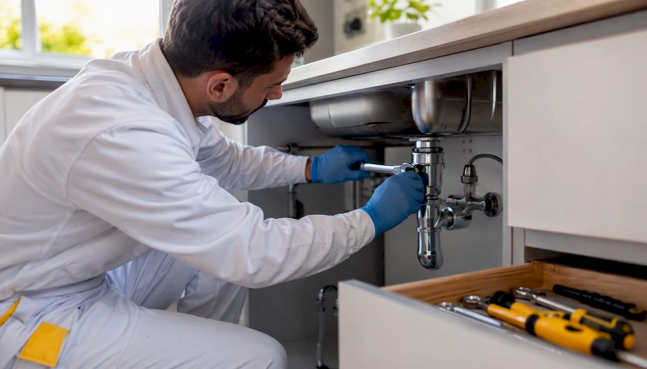 Close-up of plumber fixing P-trap plumbing under sink