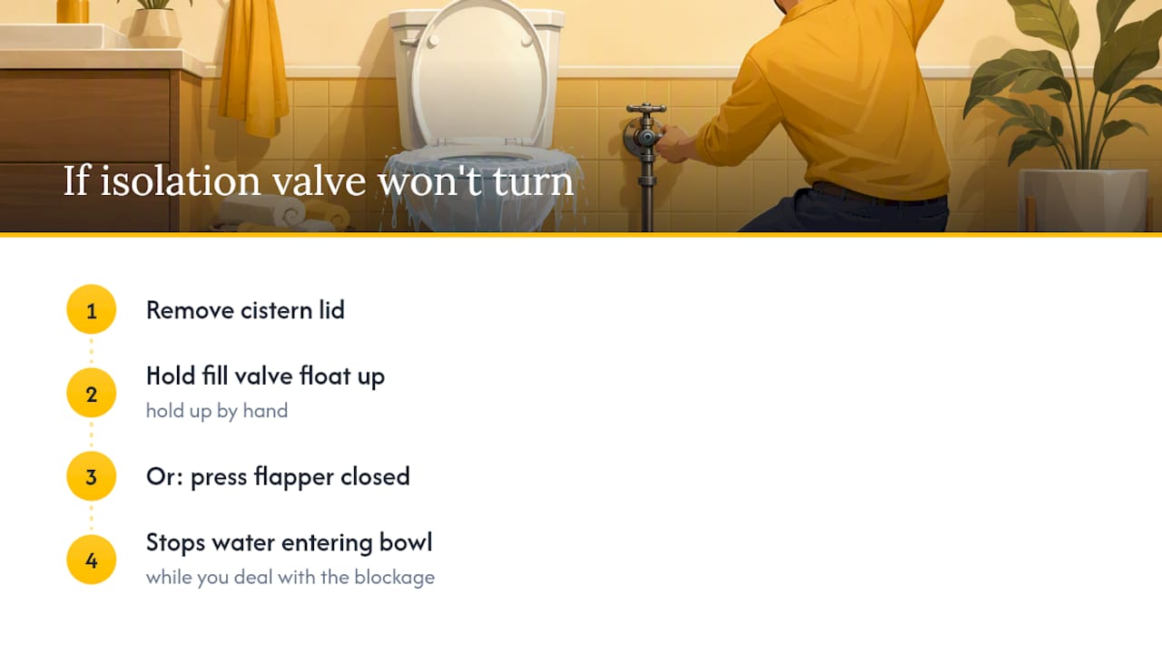Diagram of manual toilet overflow stop techniques