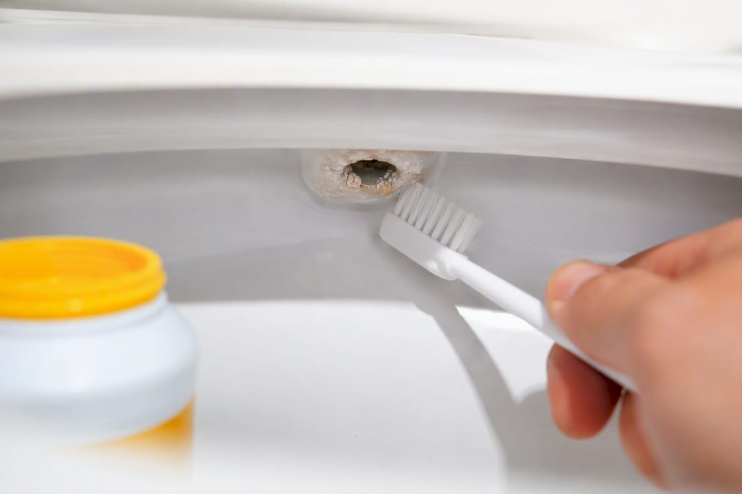 Limescale blocking a toilet rim jet