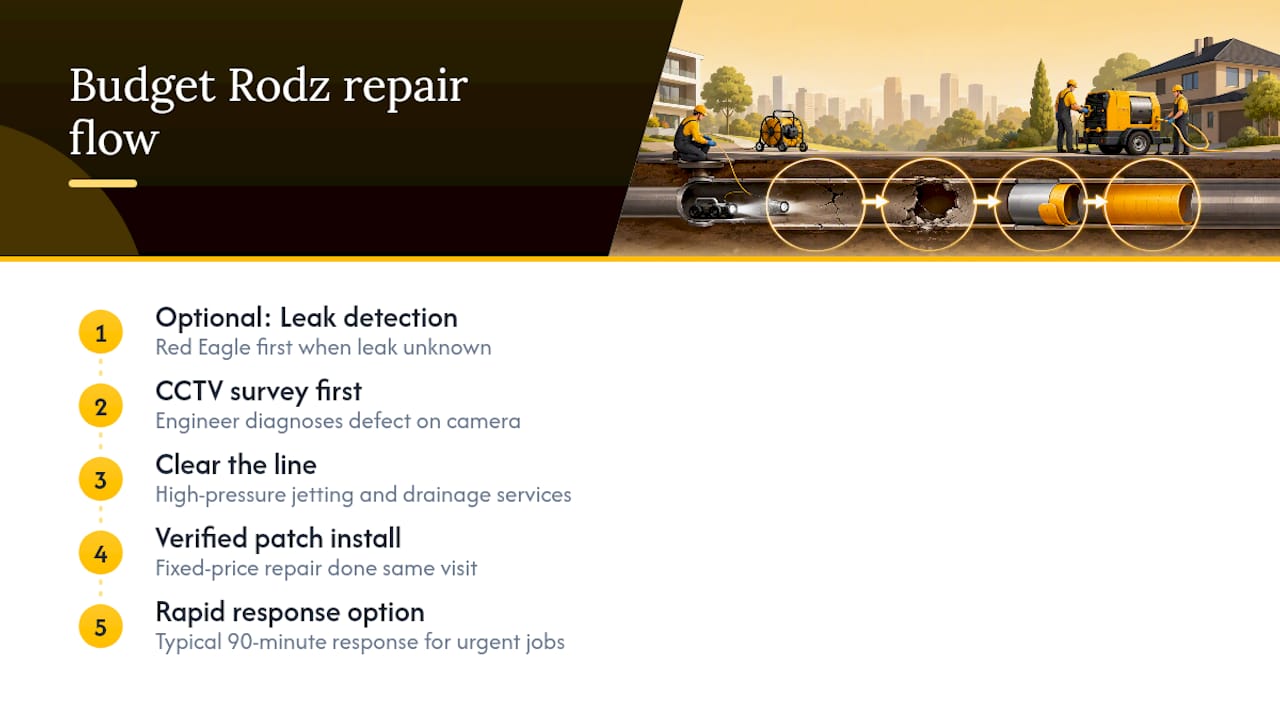 Book a CCTV survey and patch repair with Budget Rodz — overview diagram