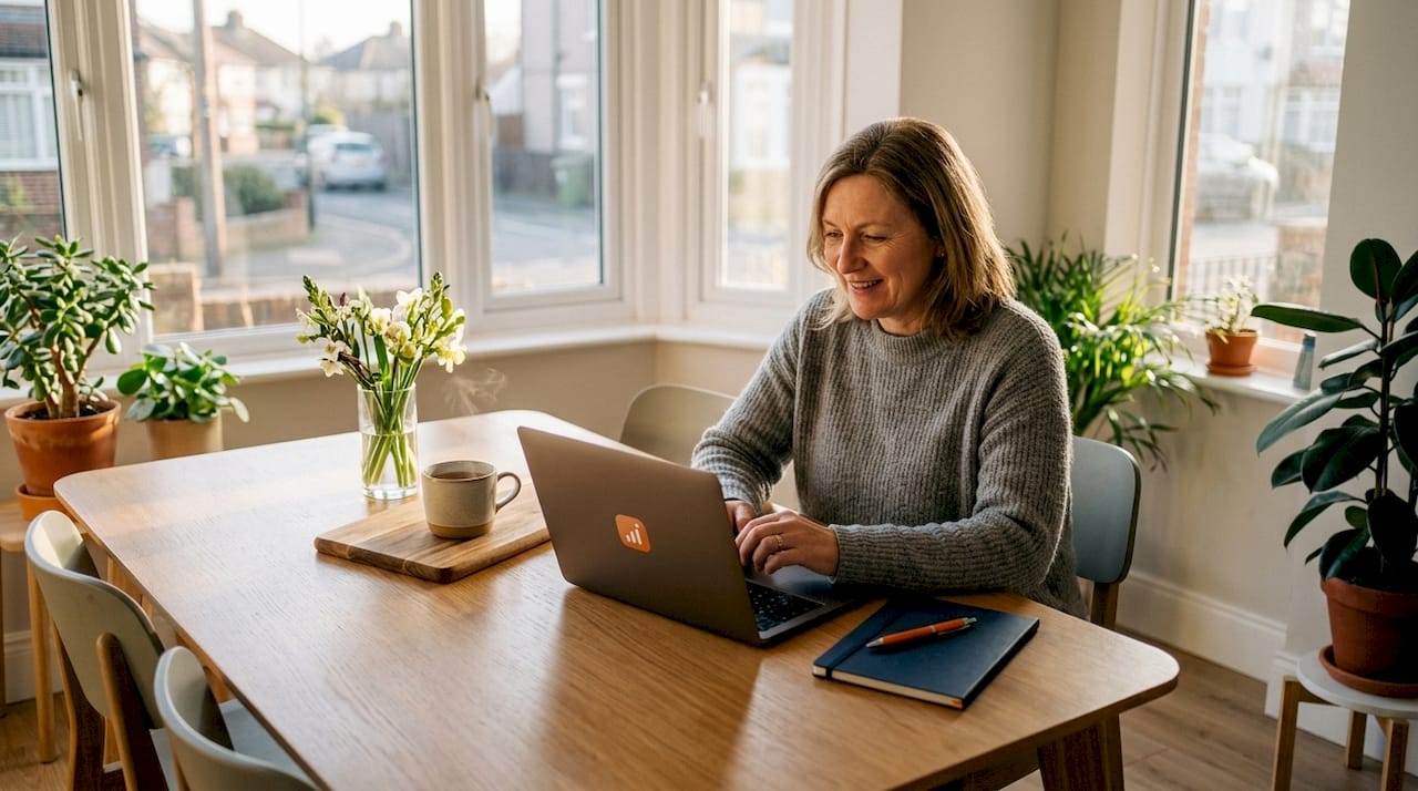 Vrouw checkt online de waarde van haar huis op haar laptop