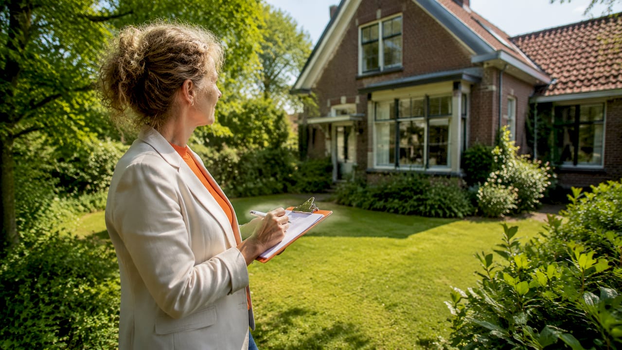 Een vrouw bekijkt aandachtig de gevel van een jaren vijftig woning.