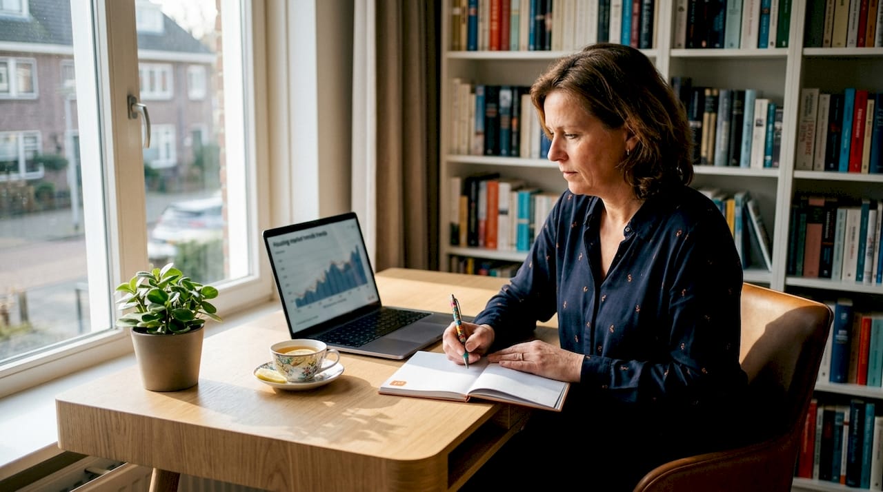 Een vrouw verdiept zich in de ontwikkelingen op de woningmarkt en neemt de verkoopdocumenten grondig onder de loep.