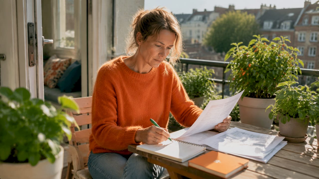 Vrouw bespreekt de waarde van haar huis aan de keukentafel