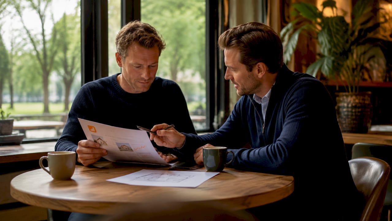 De woningeigenaar zit samen met de makelaar om het taxatierapport door te nemen.